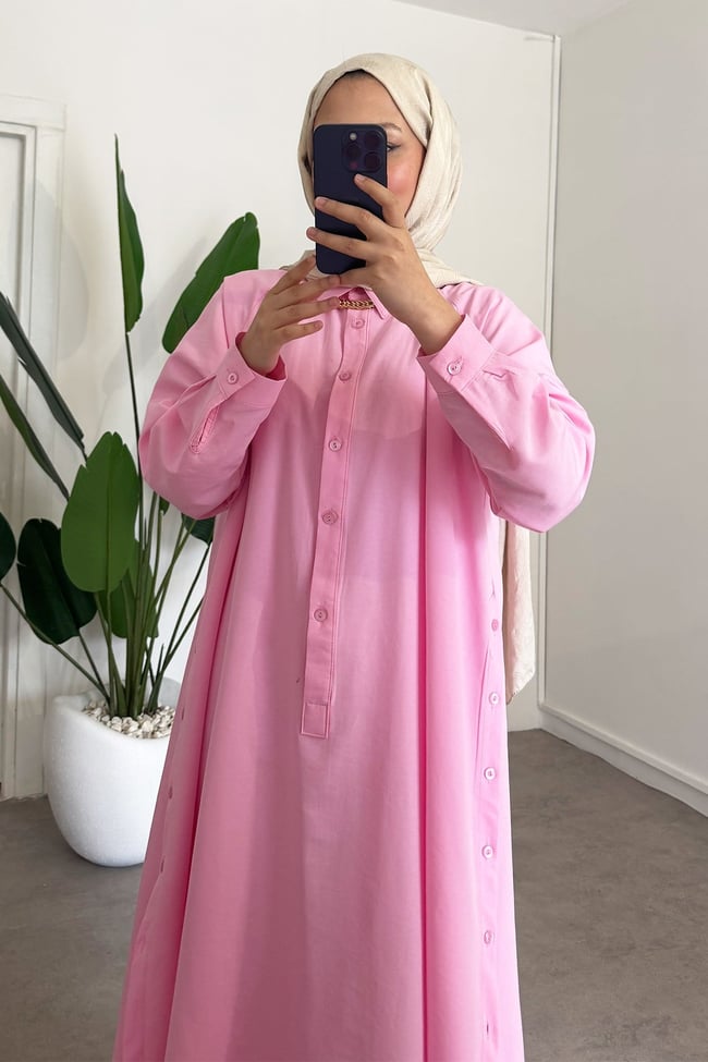 Yırtmaçlı Gömlek Elbise - Pembe