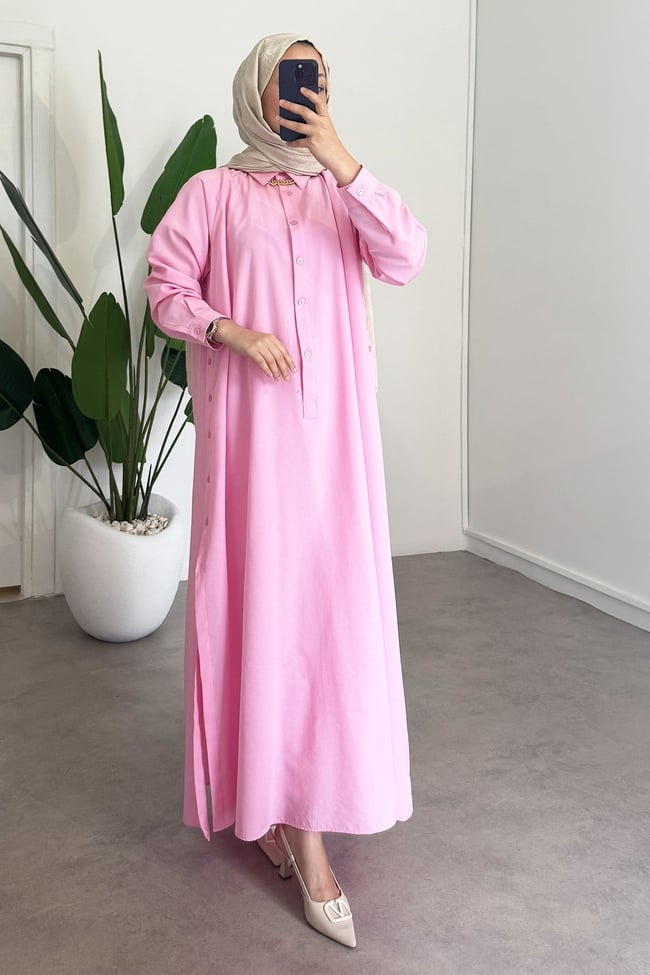 Yırtmaçlı Gömlek Elbise - Pembe