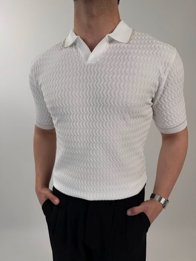 Örgü Desenli Triko Polo Yaka Tişört