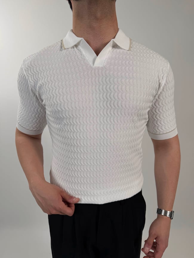 Örgü Desenli Triko Polo Yaka Tişört