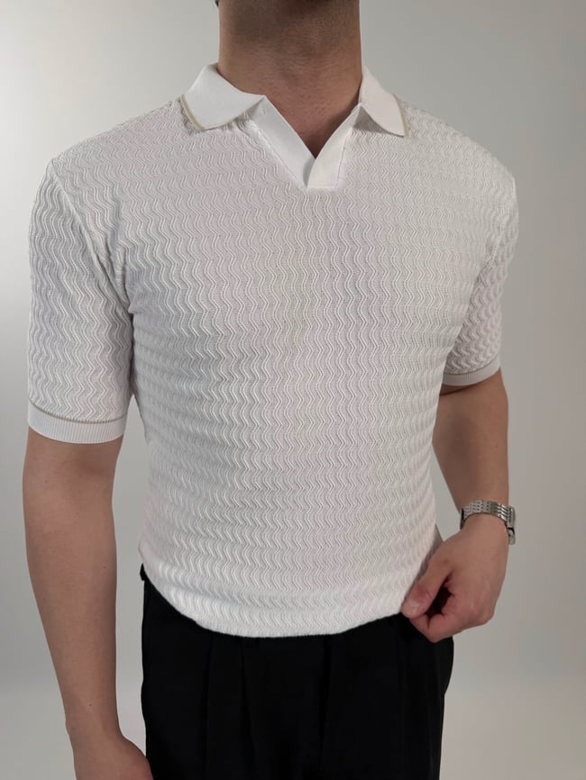 Örgü Desenli Triko Polo Yaka Tişört