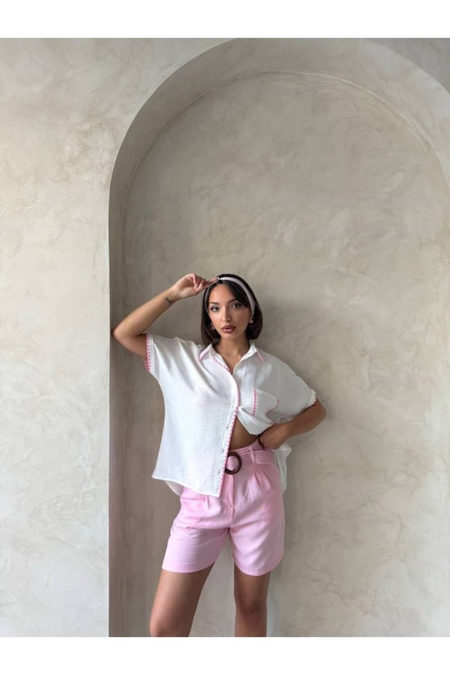 KEMERLİ PEMBE KETEN ŞORT