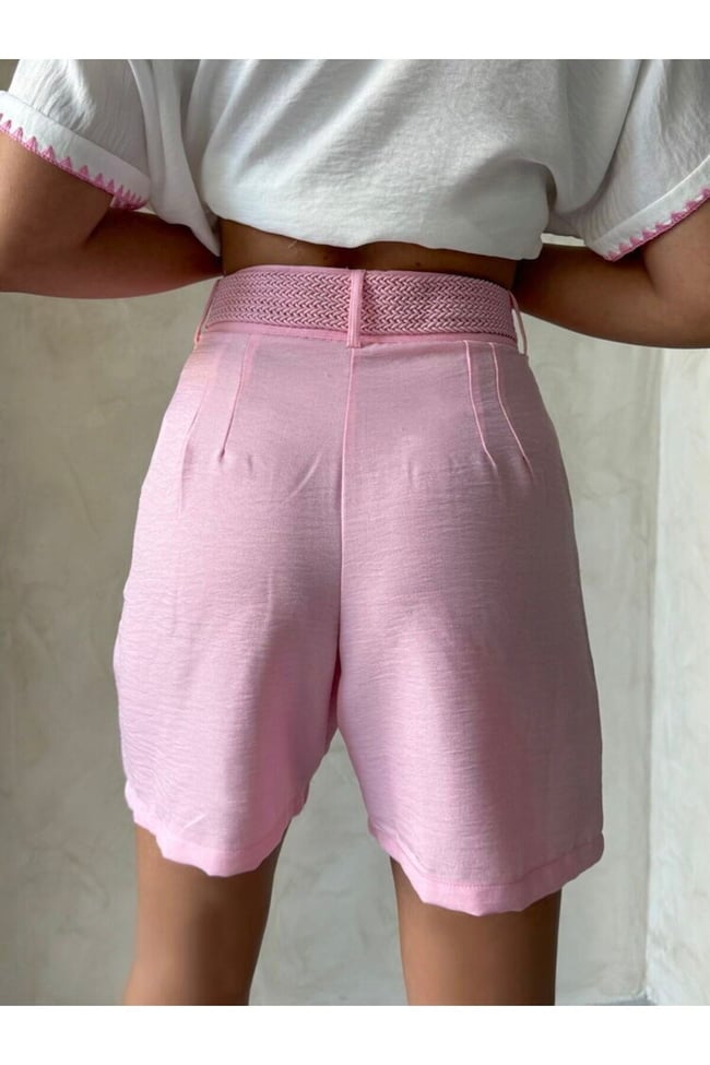 KEMERLİ PEMBE KETEN ŞORT