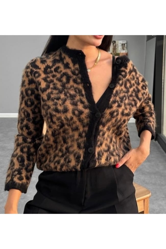 Leopar desenli düğmeli yün karışımlı kadın hırka