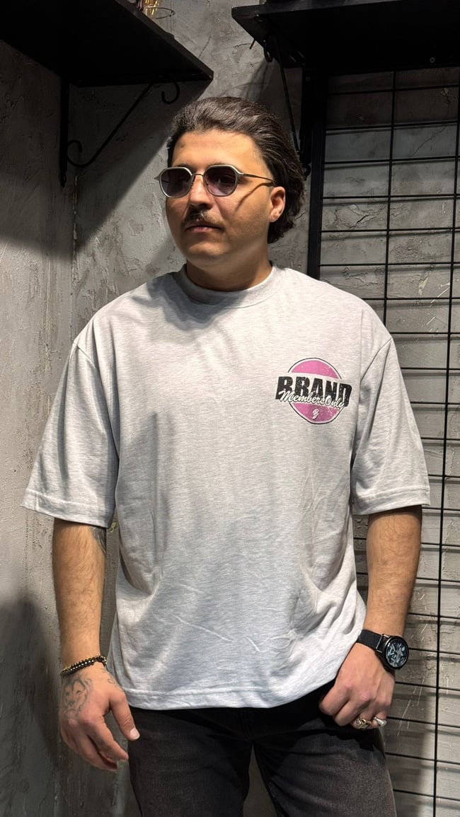BRAND Baskılı Gri T-shirt