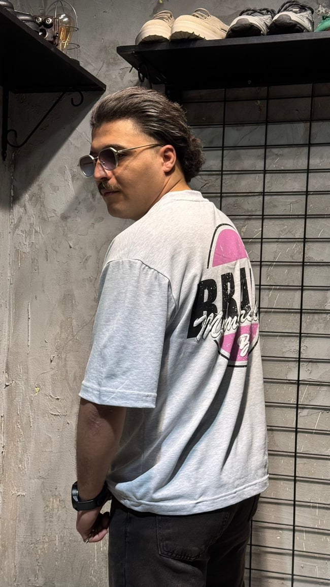 BRAND Baskılı Gri T-shirt