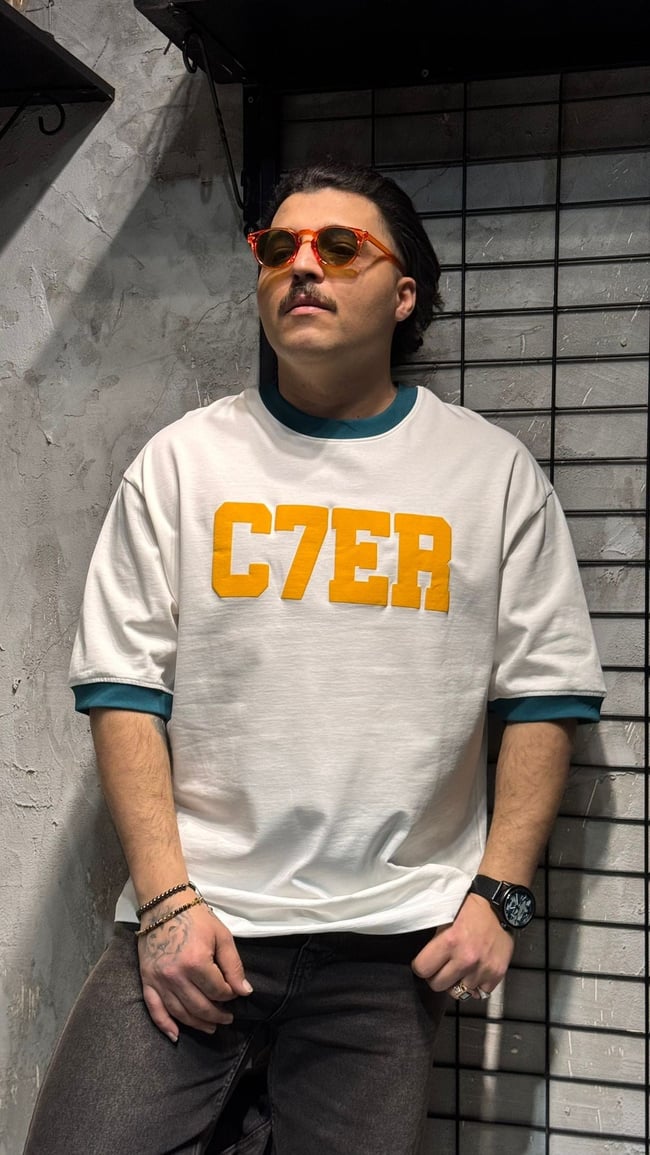 C7ER Baskılı Beyaz Oversize T-shirt
