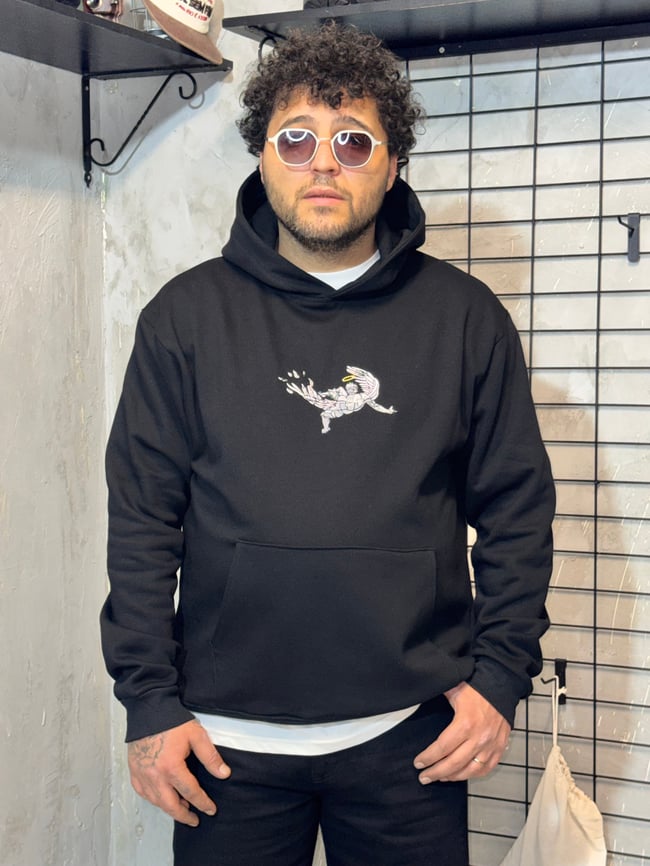 Düşen Melek Nakışlı Siyah Hoodie