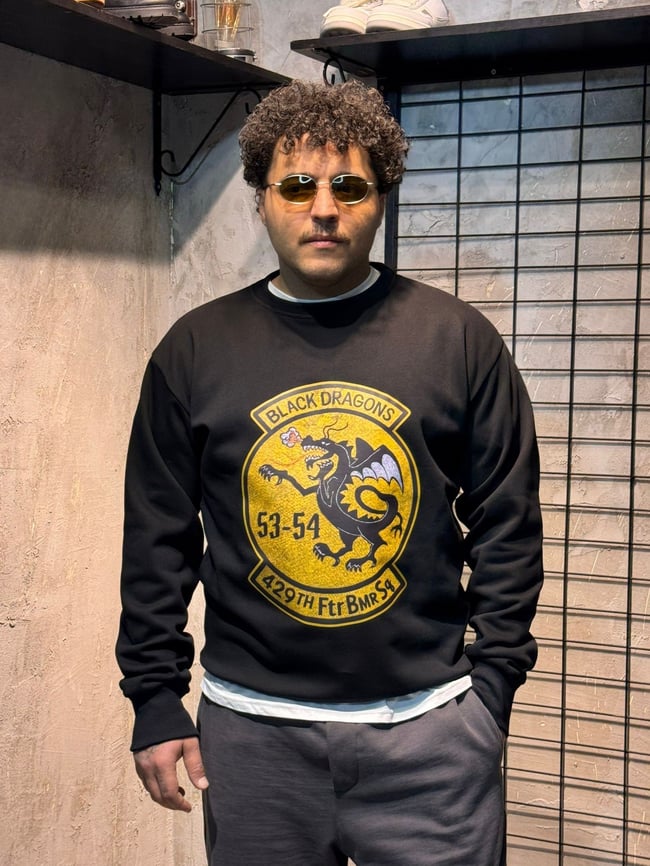 Ejderha Baskılı Siyah Oversize Sweatshirt