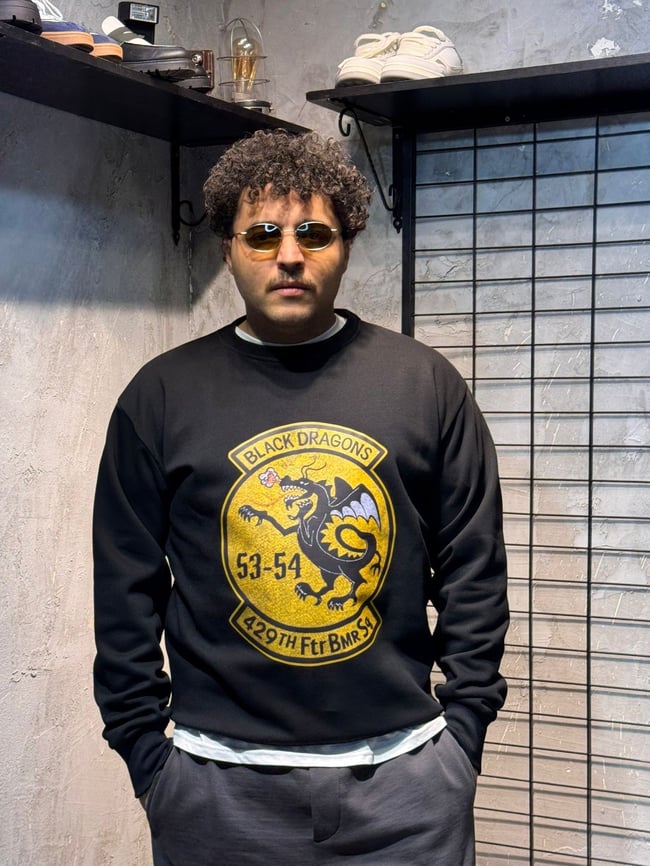Ejderha Baskılı Siyah Oversize Sweatshirt