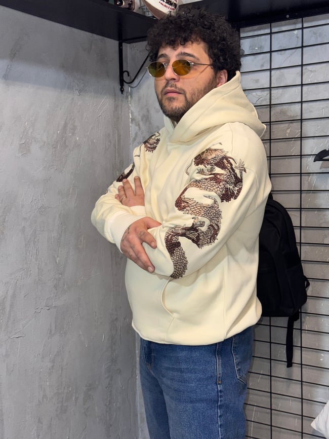 Ejderha Nakışlı Krem Hoodie
