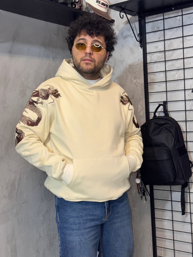 Ejderha Nakışlı Krem Hoodie