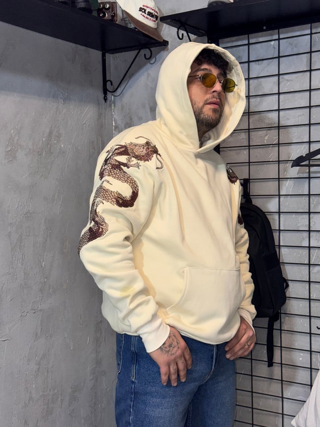 Ejderha Nakışlı Krem Hoodie