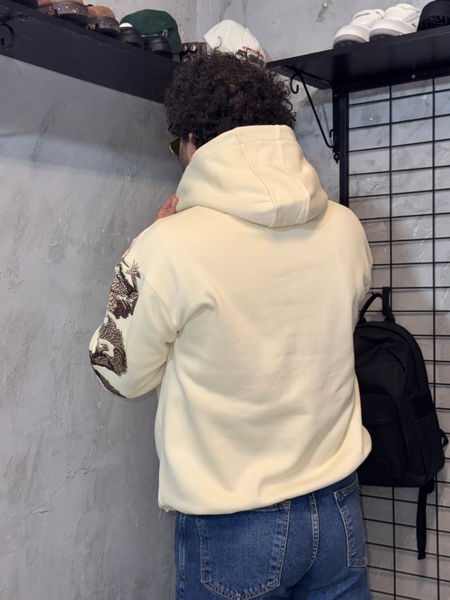 Ejderha Nakışlı Krem Hoodie