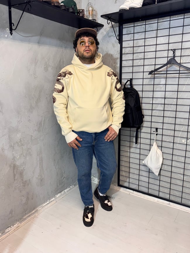 Ejderha Nakışlı Krem Hoodie