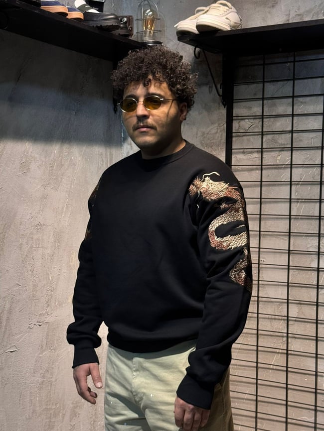 Ejderha Nakışlı Siyah Sweatshirt