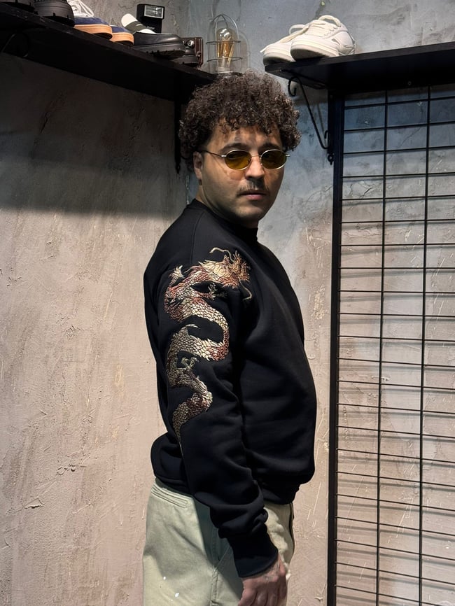 Ejderha Nakışlı Siyah Sweatshirt