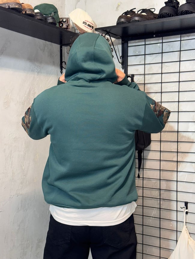 Ejderha Nakışlı Yeşil Hoodie