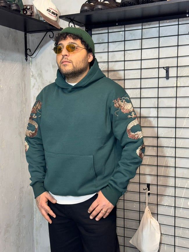 Ejderha Nakışlı Yeşil Hoodie