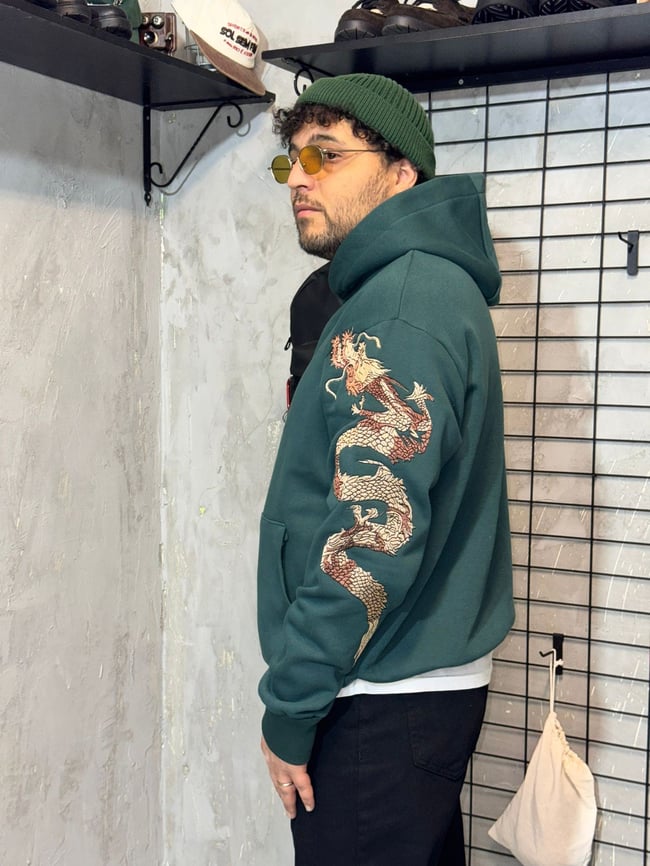 Ejderha Nakışlı Yeşil Hoodie