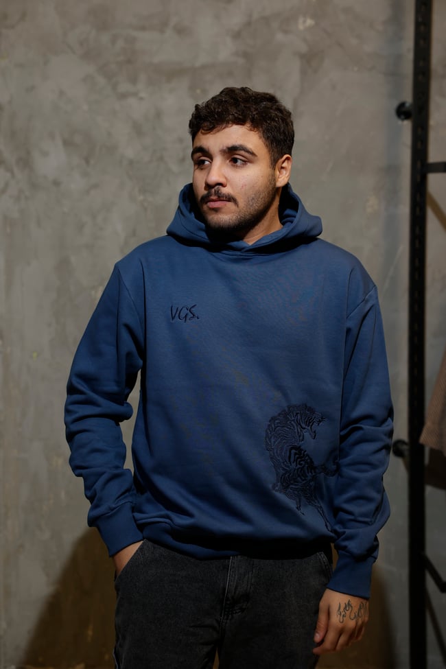 Kaplan Nakışlı Mavi Hoodie