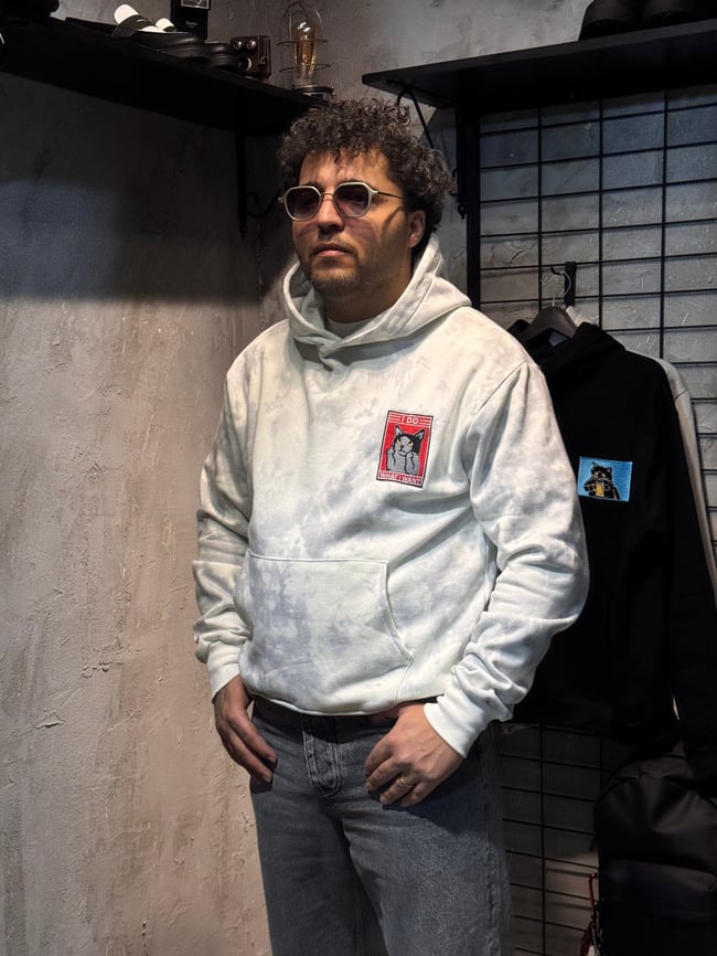 Kedi Nakışlı Batik Yıkama Hoodie
