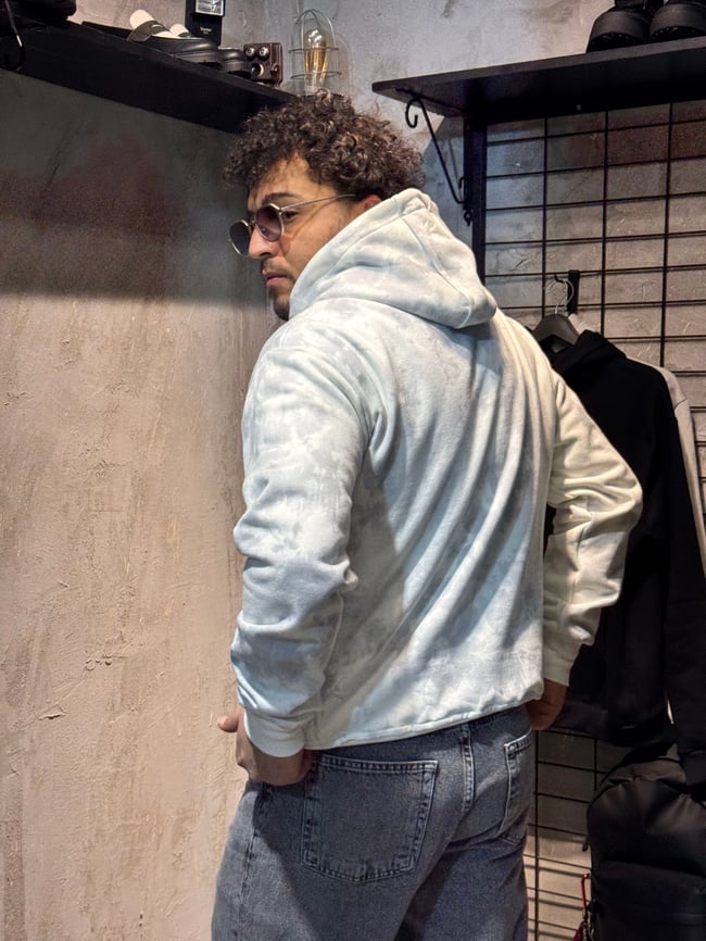 Kedi Nakışlı Batik Yıkama Hoodie