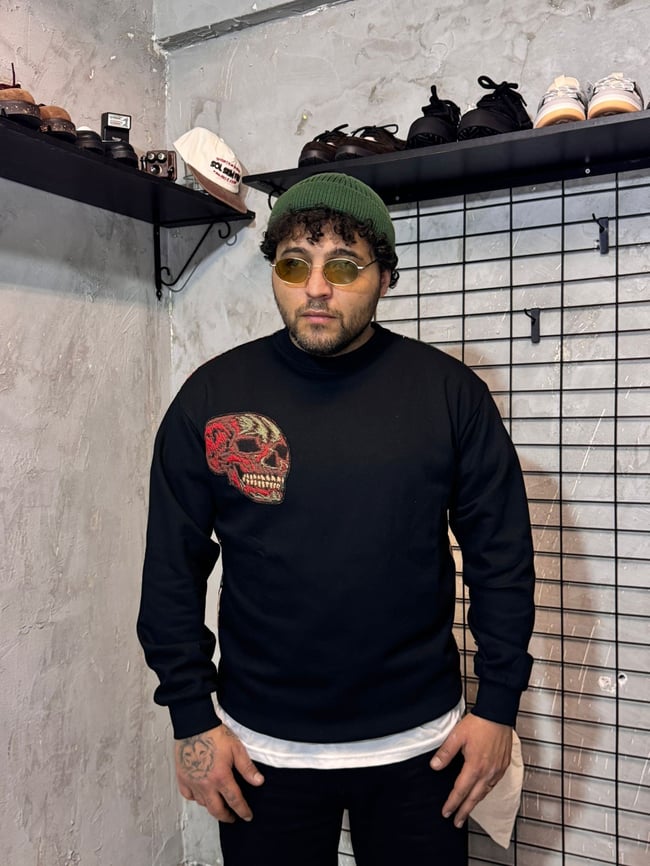 Kuru Kafa Desenli Oversize Siyah Sweatshirt