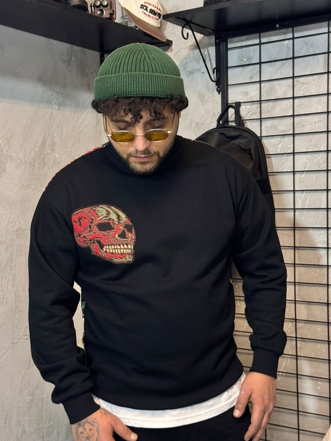 Kuru Kafa Desenli Oversize Siyah Sweatshirt