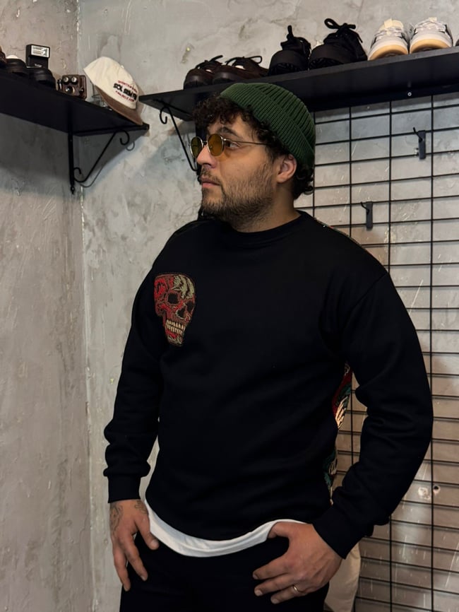 Kuru Kafa Desenli Oversize Siyah Sweatshirt