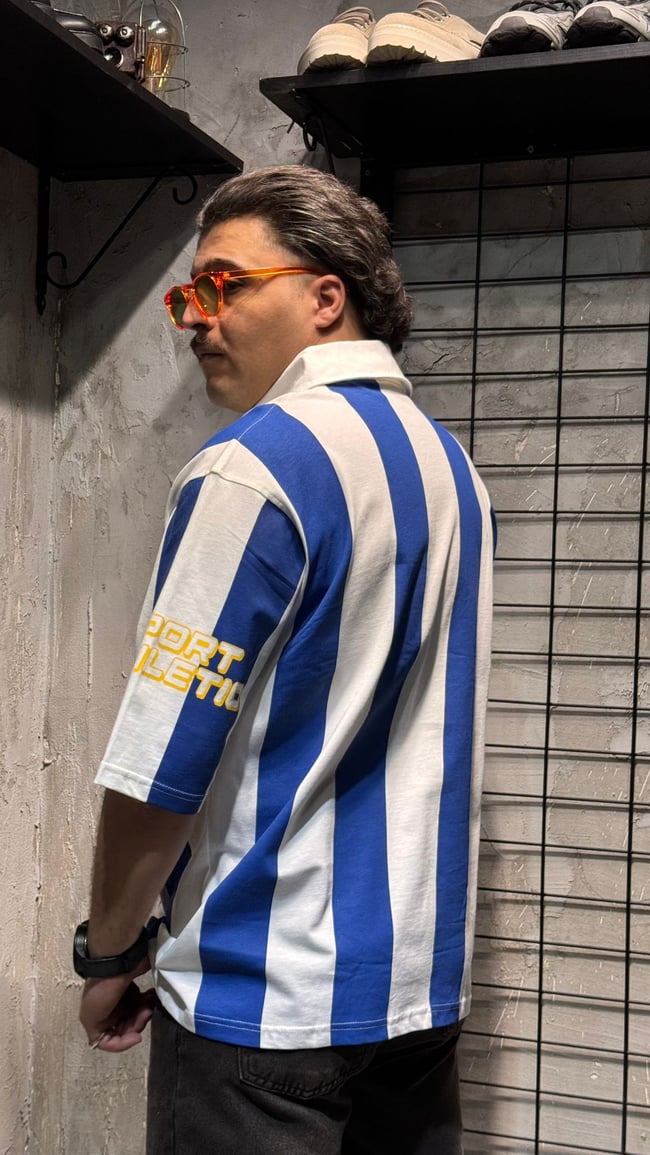 Mavi Beyaz Çizgili Polo Yaka Oversize T-shirt