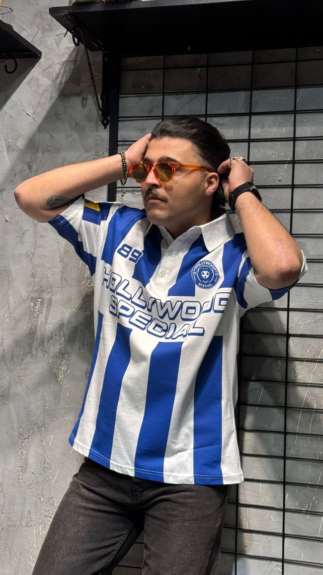 Mavi Beyaz Çizgili Polo Yaka Oversize T-shirt