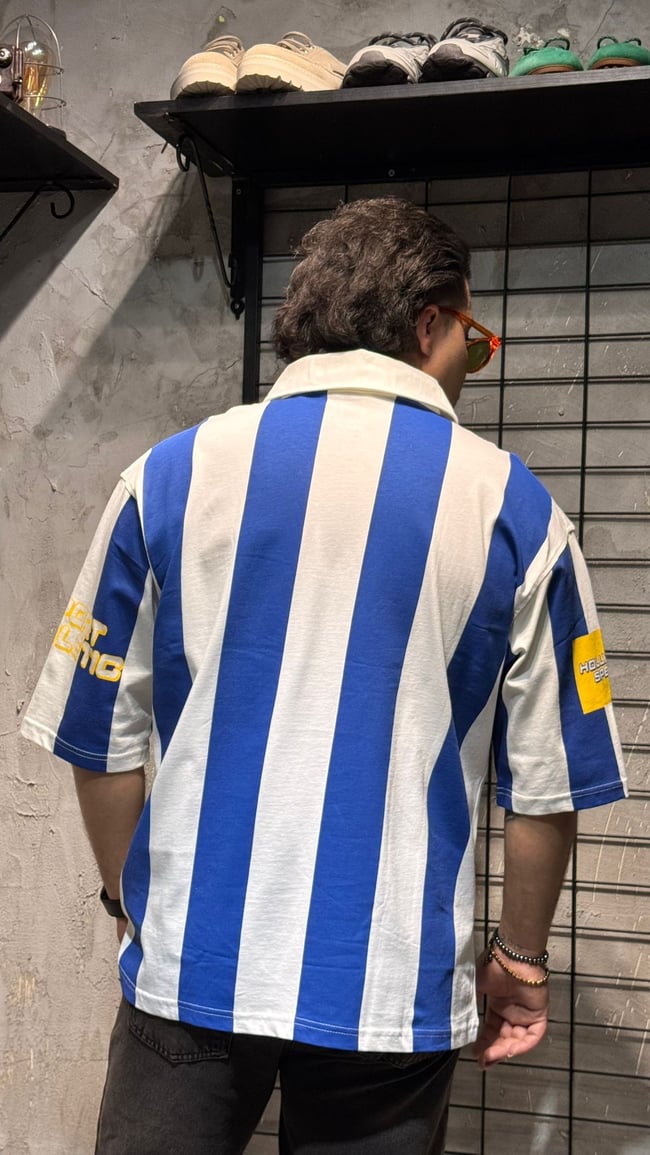 Mavi Beyaz Çizgili Polo Yaka Oversize T-shirt