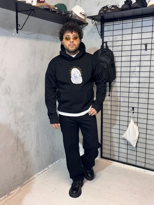 Meryem Ana Nakışlı Siyah Hoodie