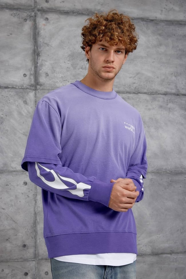 MOR KOLU ALEV BASKILI OVERSIZE SWEATSHIRT