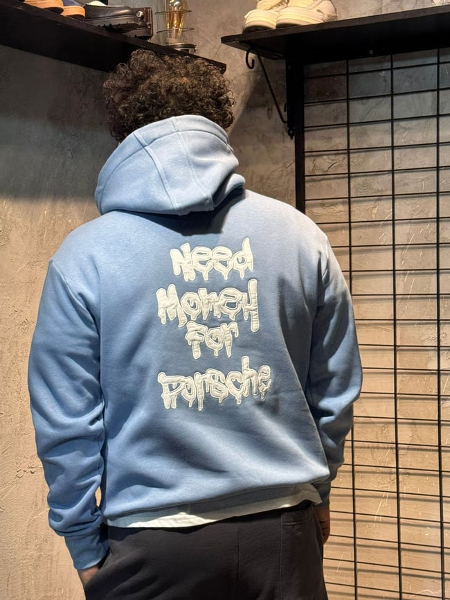 Need Money for Porsche Yazılı Mavi Hoodie