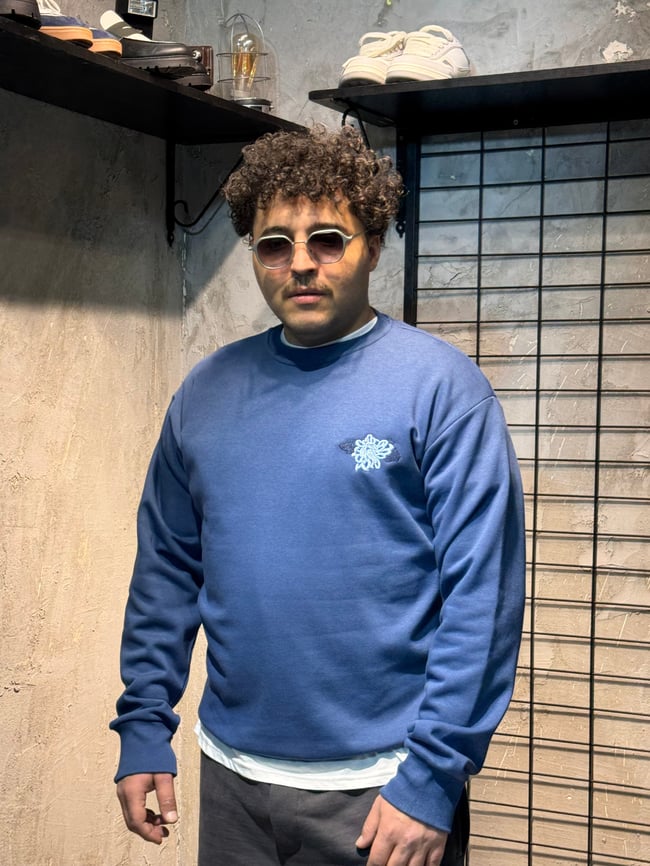 Sırt Nakışlı Oversize Mavi  Hoodie