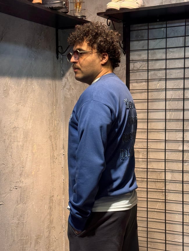 Sırt Nakışlı Oversize Mavi  Hoodie