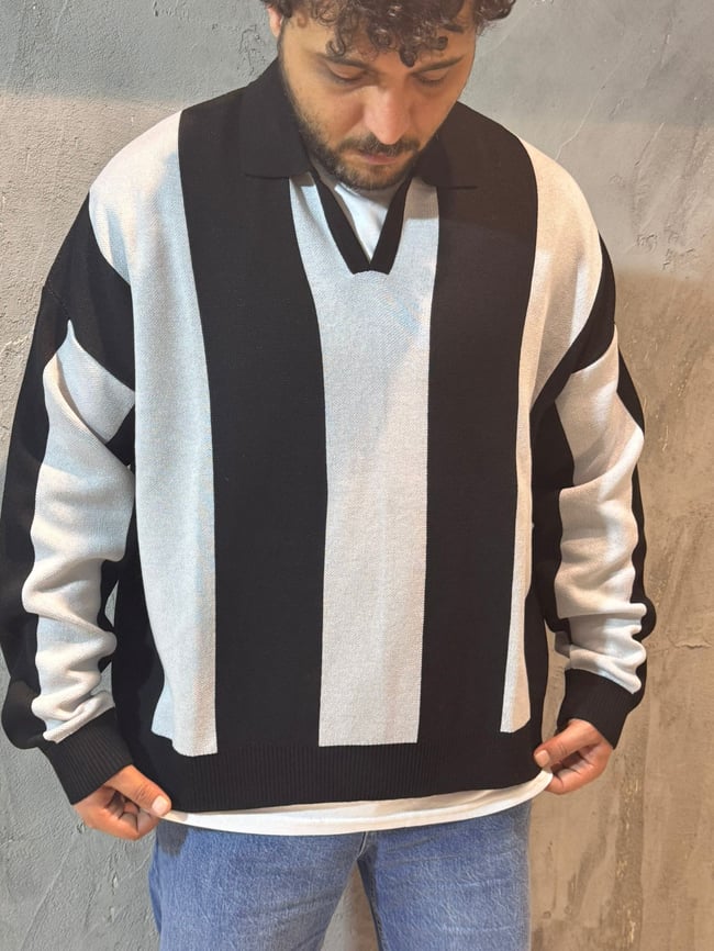 Siyah Beyaz Çizgili Polo Yaka Oversize Triko Kazak