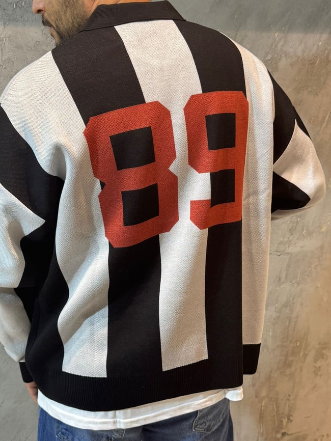 Siyah Beyaz Çizgili Polo Yaka Oversize Triko Kazak