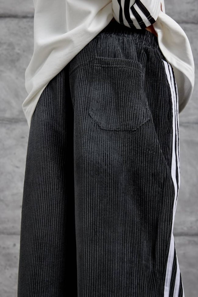 Siyah Kadife Şeritli Baggy Pantalon