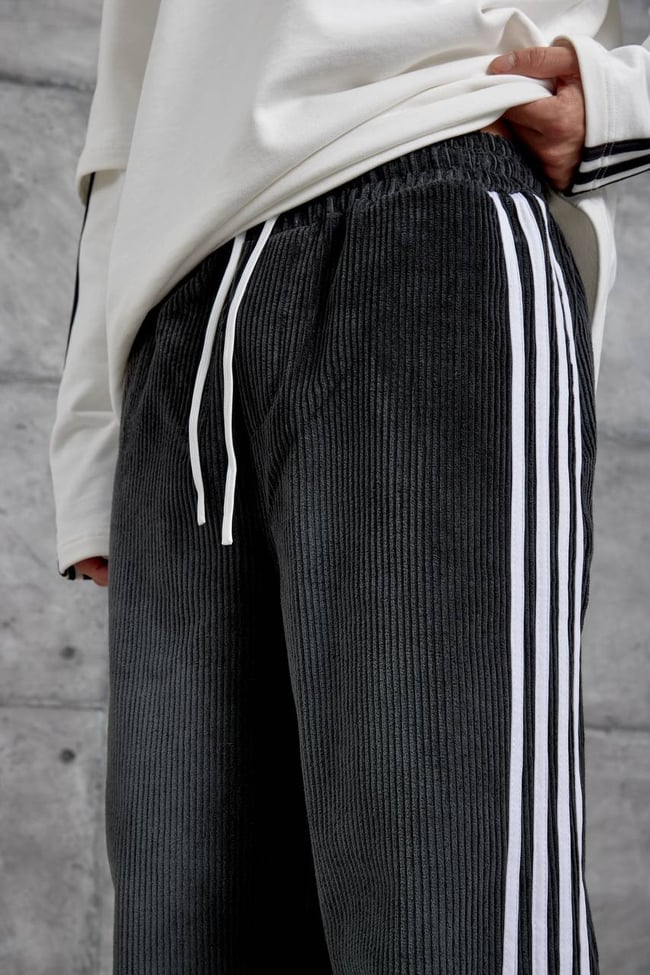Siyah Kadife Şeritli Baggy Pantalon