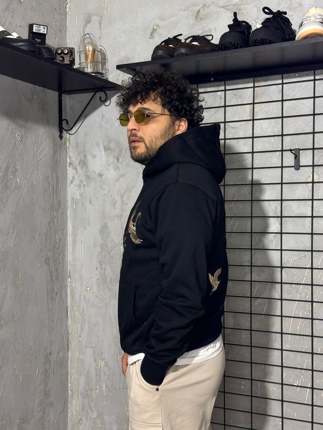 Turna Kuş Nakışlı Mavi Hoodie