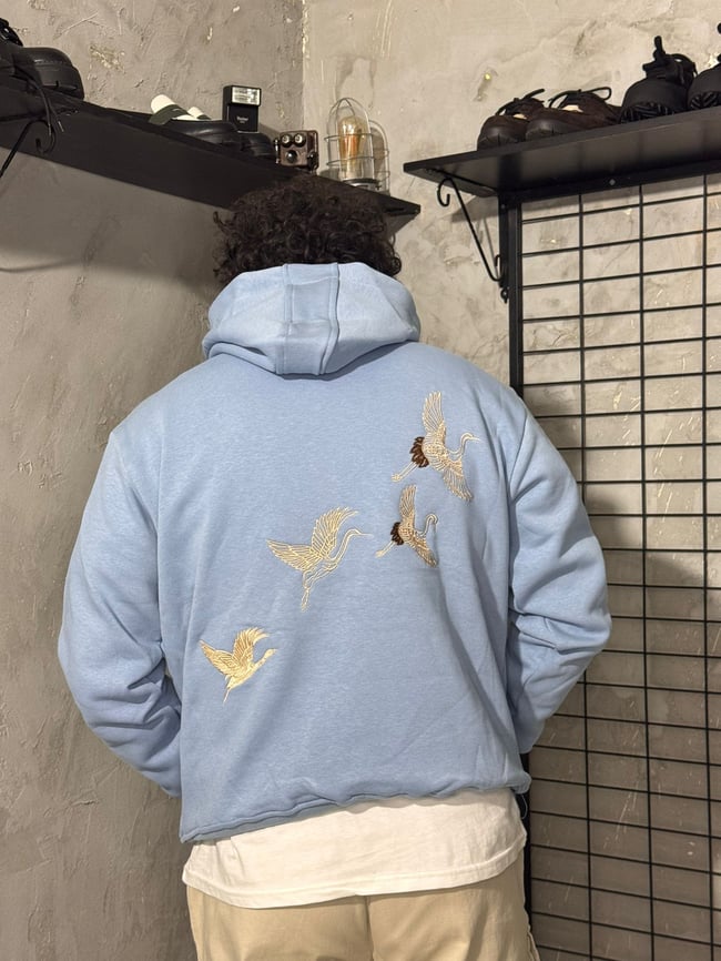 Turna Kuş Nakışlı Mavi Hoodie