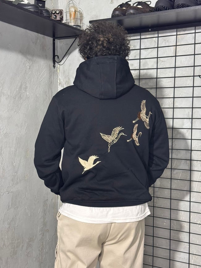 Turna Kuş Nakışlı Mavi Hoodie