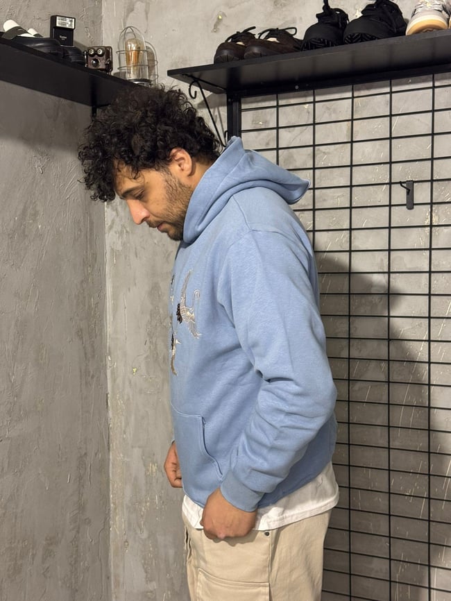 Turna Kuş Nakışlı Mavi Hoodie