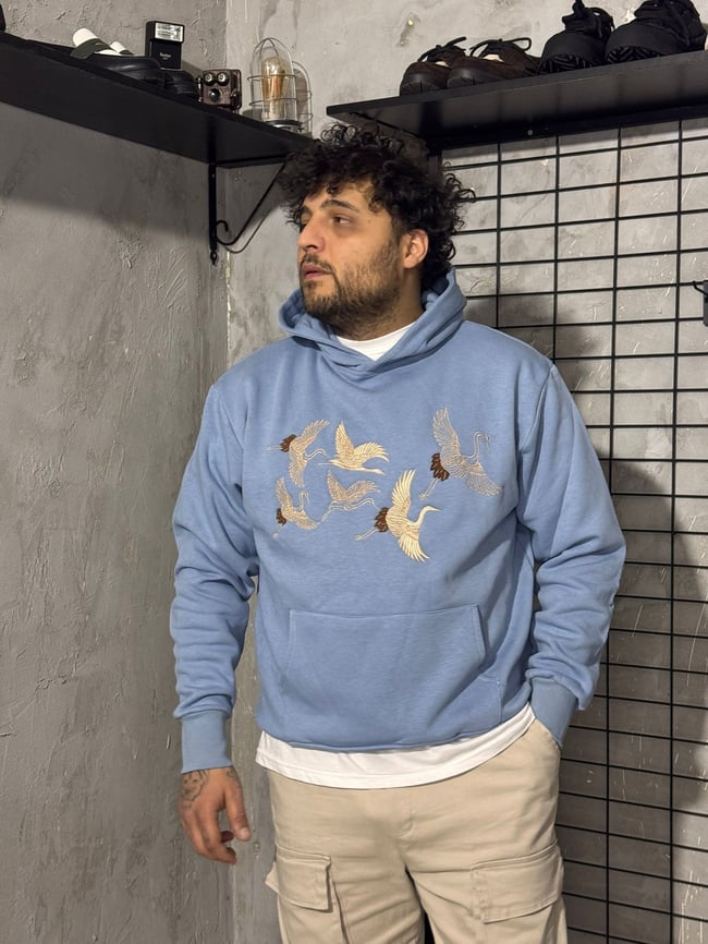 Turna Kuş Nakışlı Mavi Hoodie