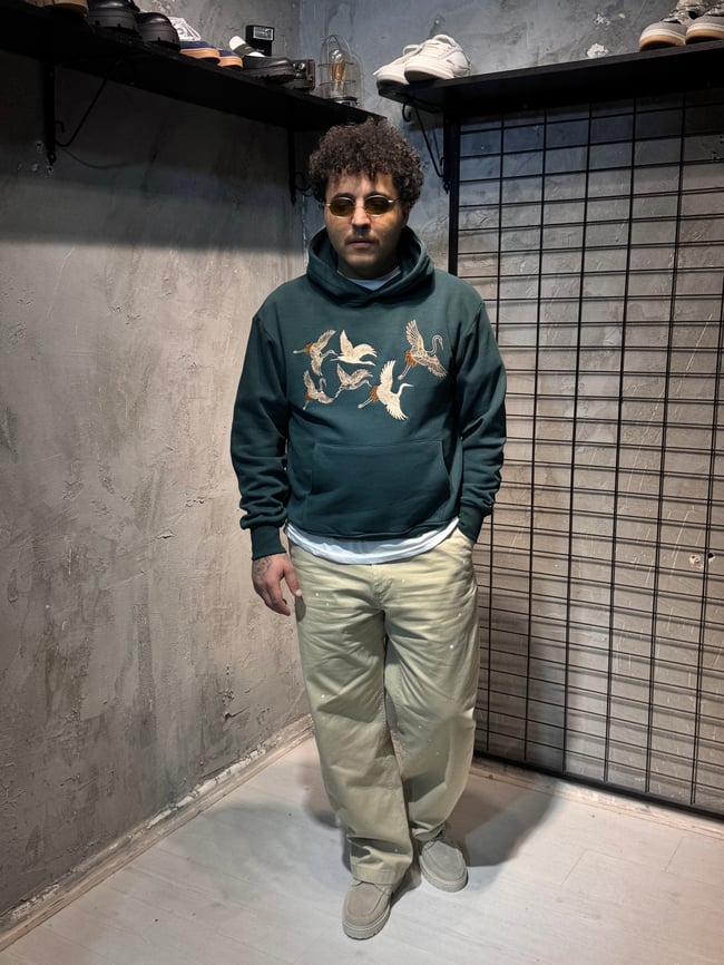 Turna Kuş Nakışlı Yeşil Hoodie