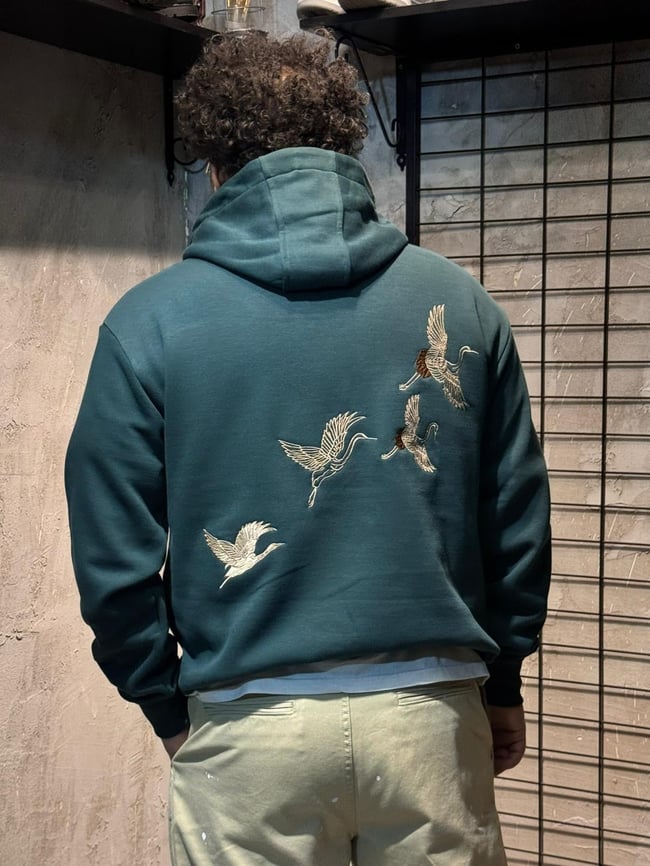 Turna Kuş Nakışlı Yeşil Hoodie