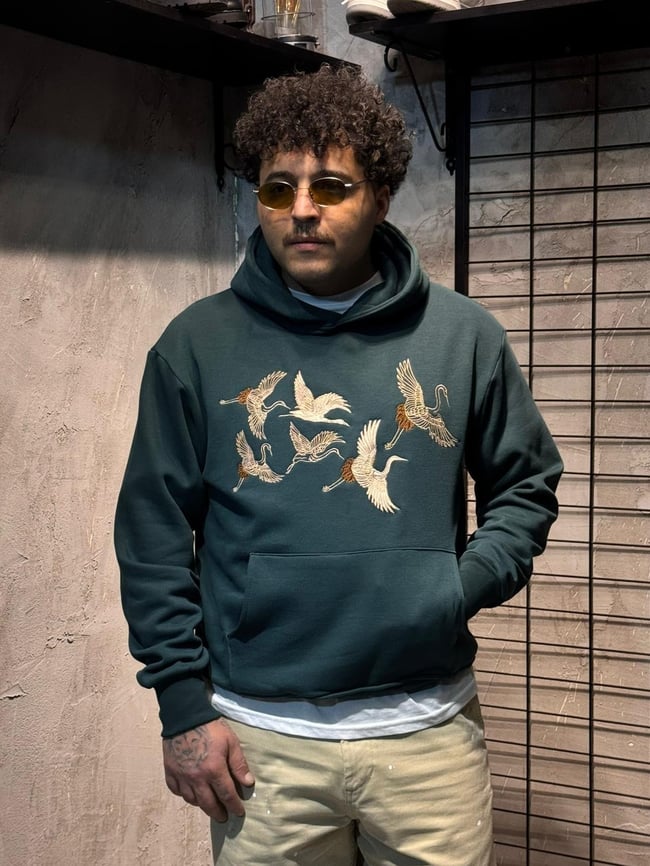 Turna Kuş Nakışlı Yeşil Hoodie